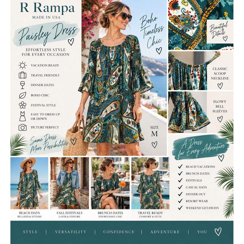 Teal Paisley Bell Sleeve Off Shoulder Boho Mini Dress M Hippie  Artsy R. Rouge